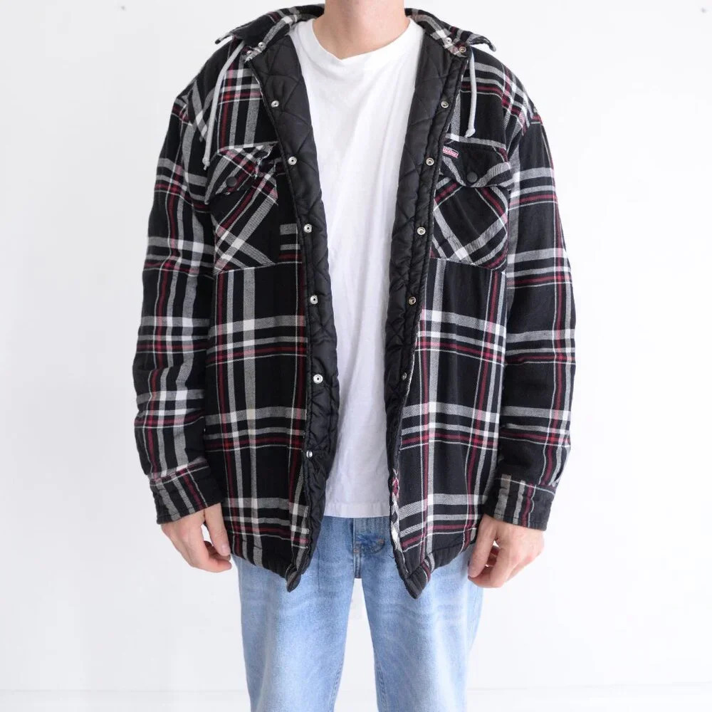 Dickies Black Red Checker Button Up Removable Hood Quilt Stitch Lined Shacket XL
